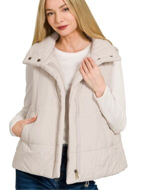 5 for $25 🎉 Zenana Quilted Puffer Vest in Soft Cream